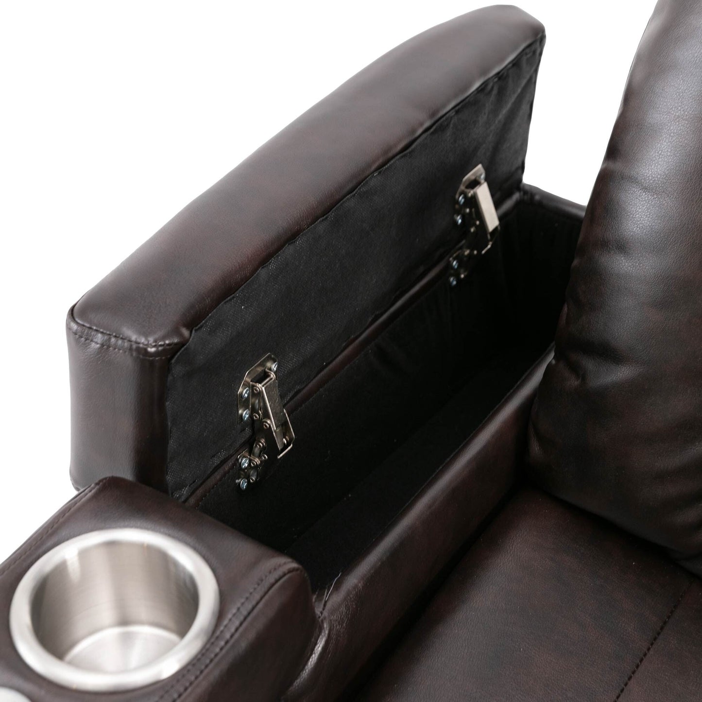 Roomfitters Power Recliner Seat with Storage Arms Cupholders Swivel Tray and Phone Stand, Brown