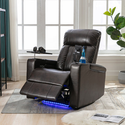 Roomfitters Power Recliner Seat with Storage Arms Cupholders Swivel Tray and Phone Stand, Brown