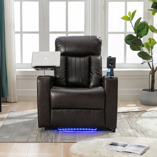 Roomfitters Power Recliner Seat with Storage Arms Cupholders Swivel Tray and Phone Stand, Brown
