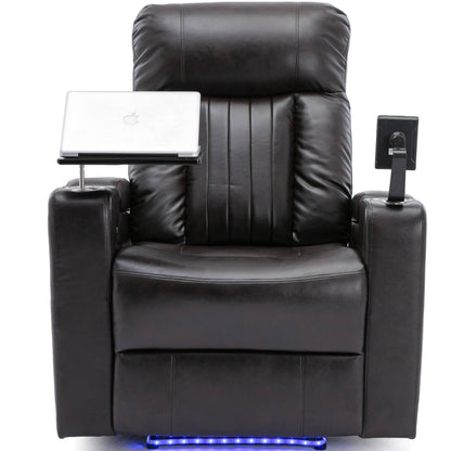 Roomfitters Power Recliner Seat with Storage Arms Cupholders Swivel Tray and Phone Stand, Brown