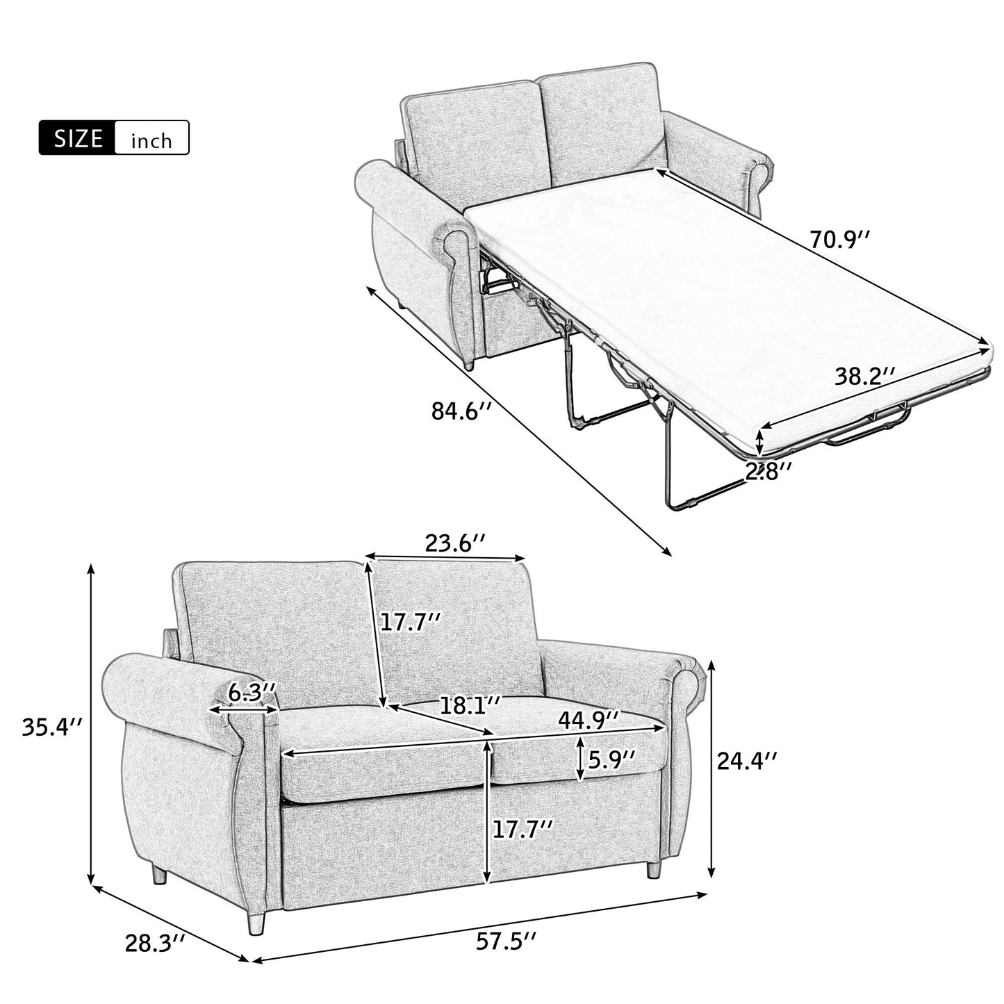 Roomfitters Pull-Out Loveseat Sofa Bed with Twin Size Memory Mattress, Space-Saving Sleeper Couch for Living Room