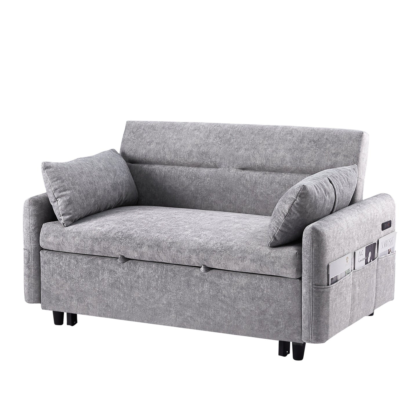 Roomfitters Pull-Out Sleeper Loveseat Sofa with Adjustable Backrest, Storage Pockets, USB Ports, and Soft Pillows