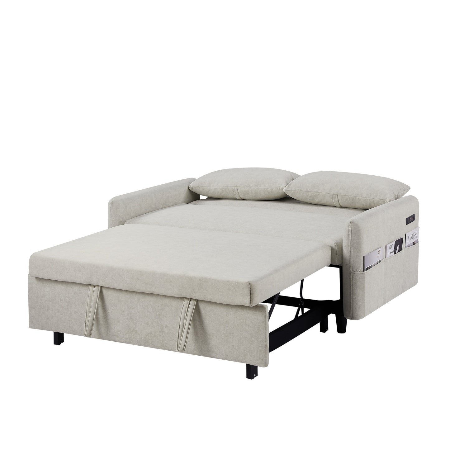 Roomfitters Pull-Out Sleeper Loveseat Sofa with Adjustable Backrest, Storage Pockets, USB Ports, and Soft Pillows