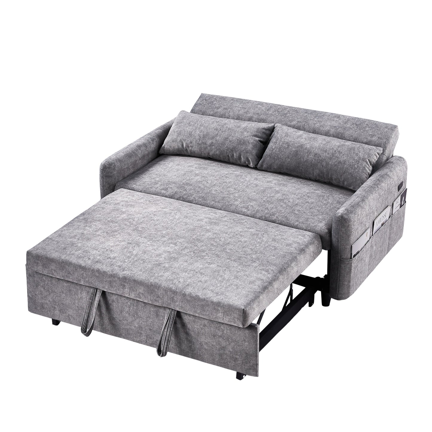 Roomfitters Pull-Out Sleeper Loveseat Sofa with Adjustable Backrest, Storage Pockets, USB Ports, and Soft Pillows