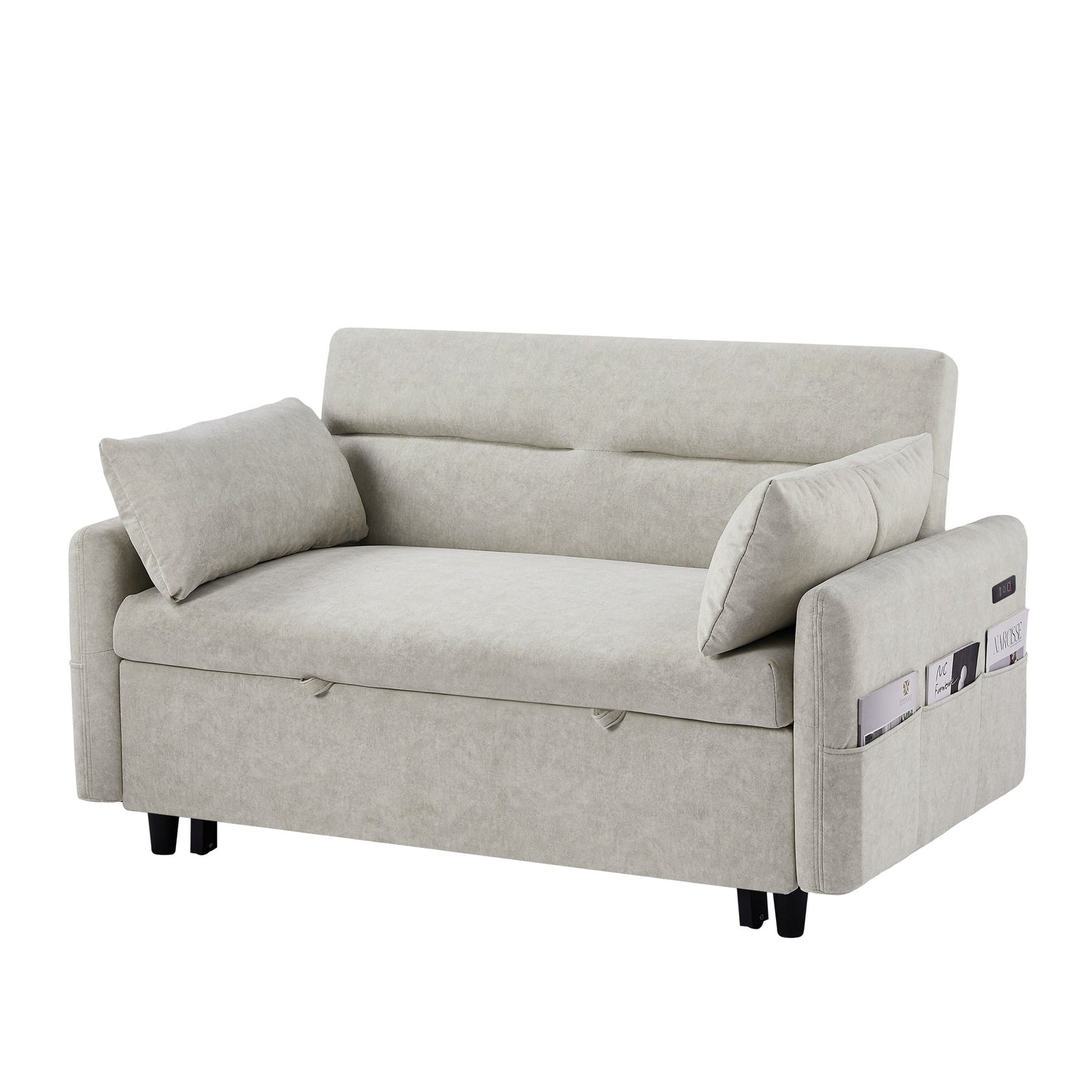 Roomfitters Pull-Out Sleeper Loveseat Sofa with Adjustable Backrest, Storage Pockets, USB Ports, and Soft Pillows