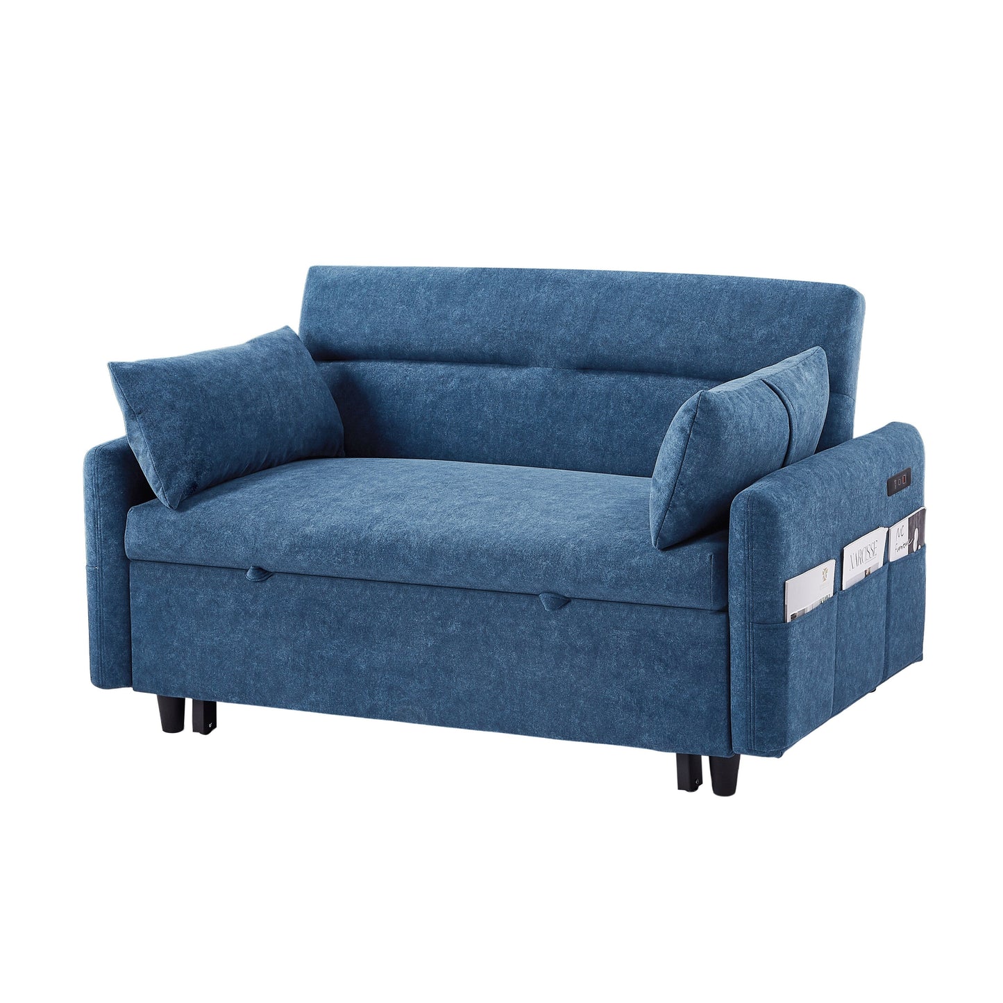 Roomfitters Pull-Out Sleeper Loveseat Sofa with Adjustable Backrest, Storage Pockets, USB Ports, and Soft Pillows