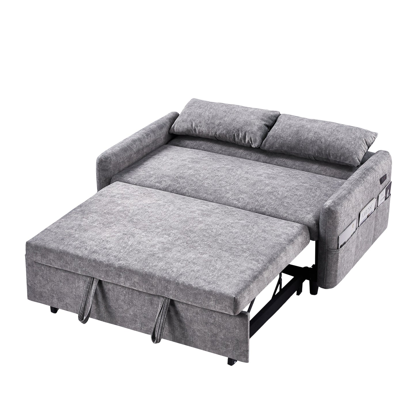 Roomfitters Pull-Out Sleeper Loveseat Sofa with Adjustable Backrest, Storage Pockets, USB Ports, and Soft Pillows