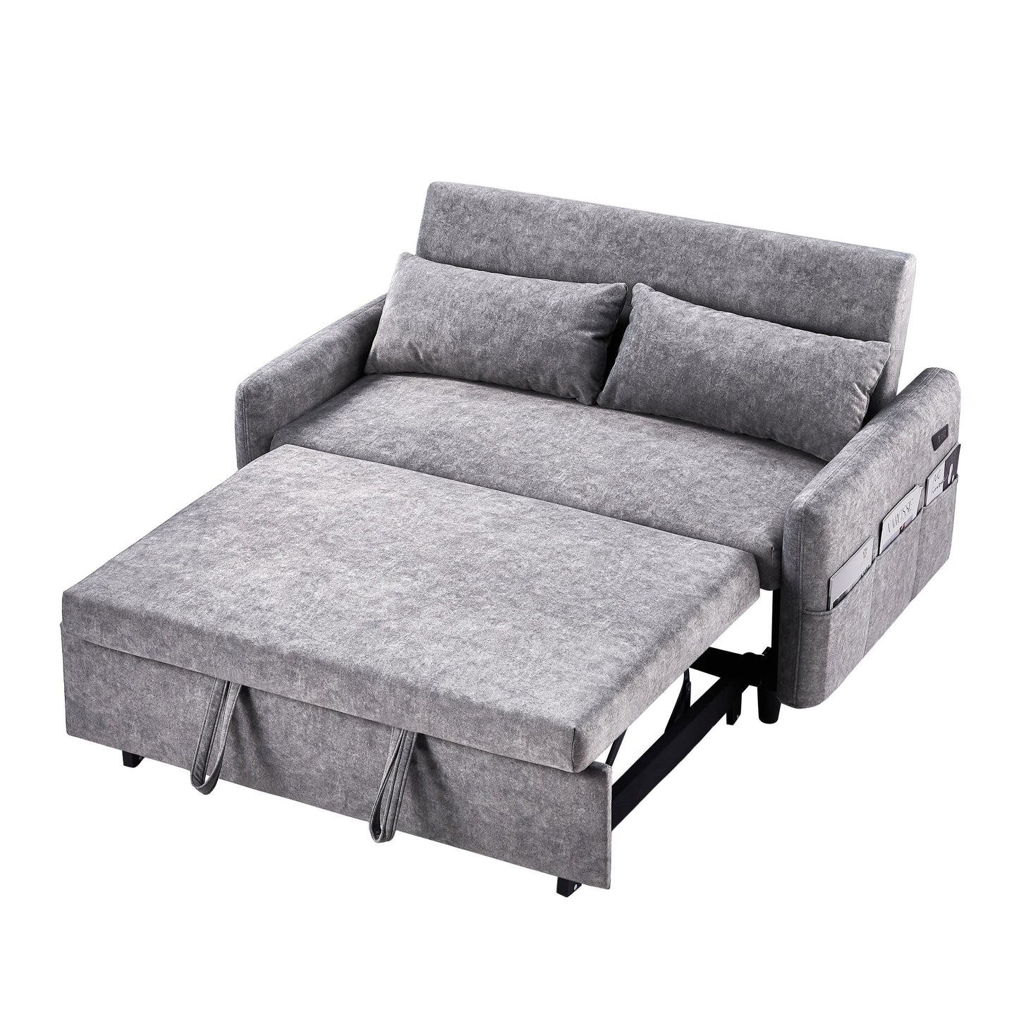 Roomfitters Pull-Out Sleeper Loveseat Sofa with Adjustable Backrest, Storage Pockets, USB Ports, and Soft Pillows