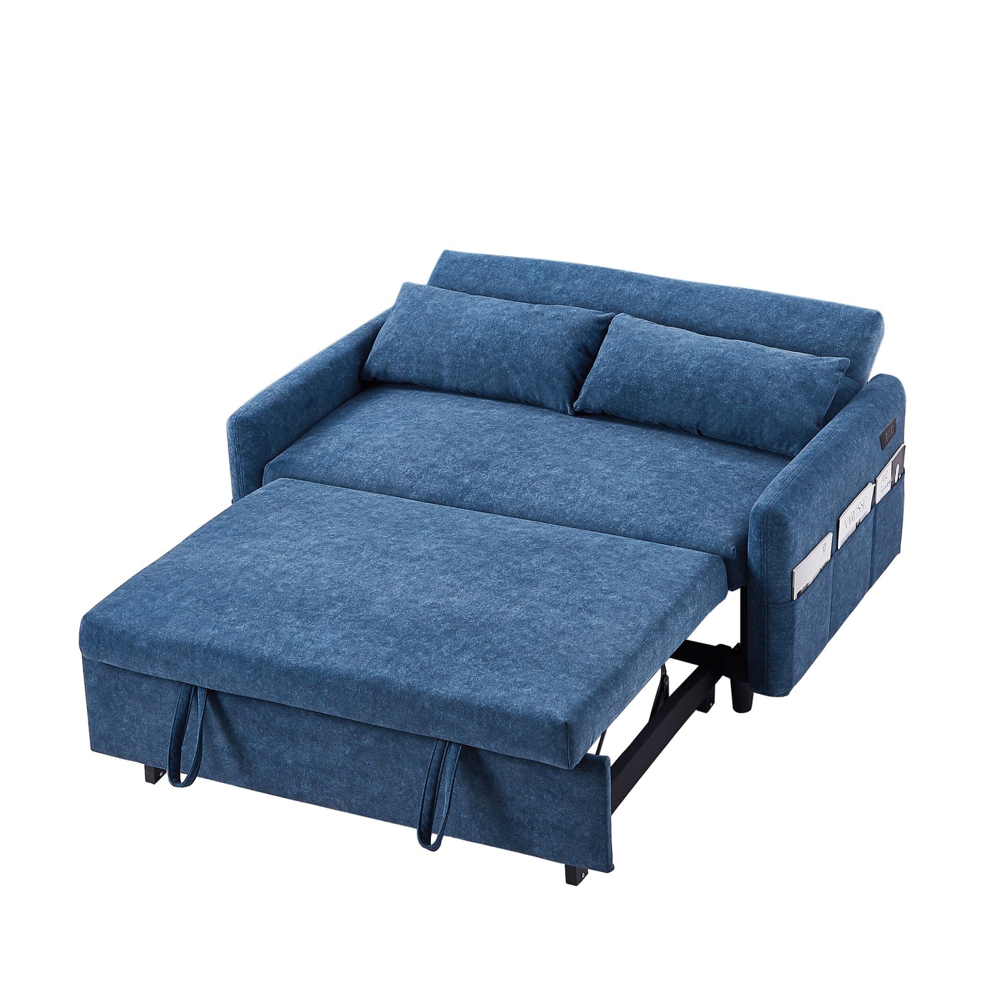 Roomfitters Pull-Out Sleeper Loveseat Sofa with Adjustable Backrest, Storage Pockets, USB Ports, and Soft Pillows