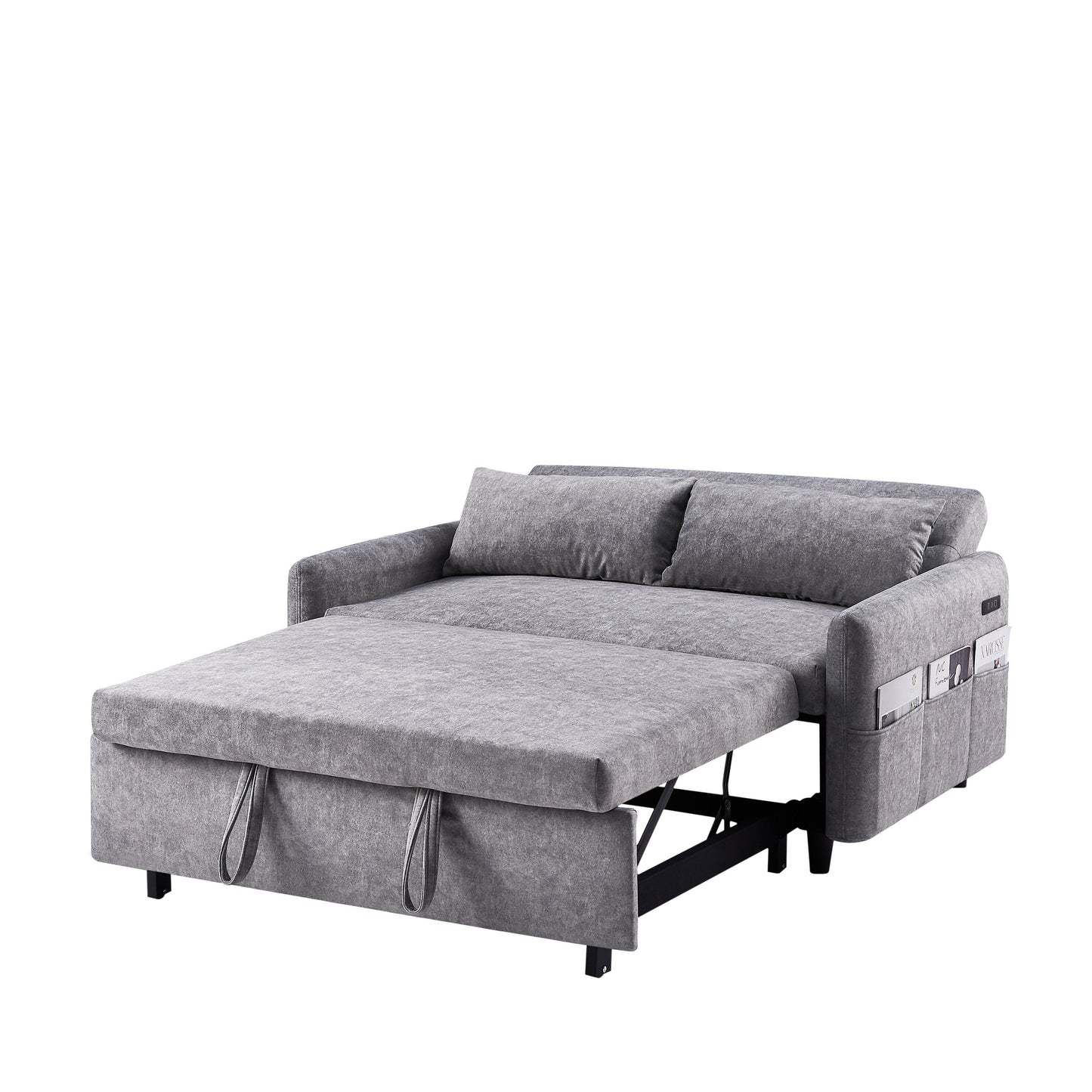 Roomfitters Pull-Out Sleeper Loveseat Sofa with Adjustable Backrest, Storage Pockets, USB Ports, and Soft Pillows