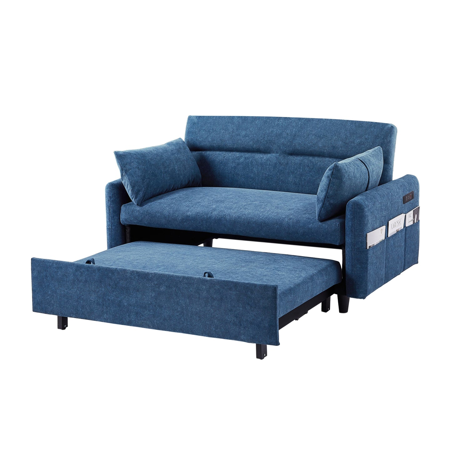Roomfitters Pull-Out Sleeper Loveseat Sofa with Adjustable Backrest, Storage Pockets, USB Ports, and Soft Pillows