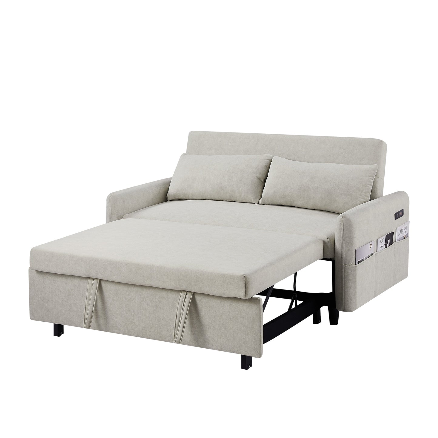 Roomfitters Pull-Out Sleeper Loveseat Sofa with Adjustable Backrest, Storage Pockets, USB Ports, and Soft Pillows