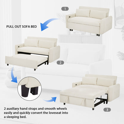 Roomfitters Pull-Out Sofa Bed Convertible 2-Seat Loveseat with Throw Pillows and USB Ports, Modern Sleeper Sofa, Beige