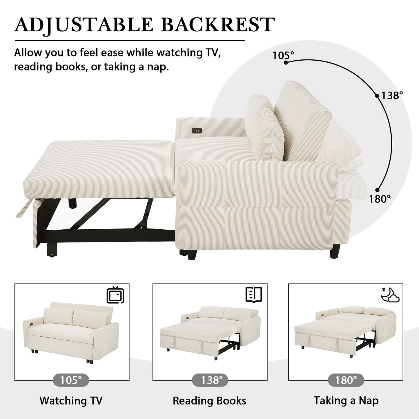 Roomfitters Pull-Out Sofa Bed Convertible 2-Seat Loveseat with Throw Pillows and USB Ports, Modern Sleeper Sofa, Beige