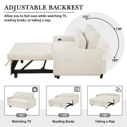 Roomfitters Pull-Out Sofa Bed Convertible 2-Seat Loveseat with Throw Pillows and USB Ports, Modern Sleeper Sofa, Beige