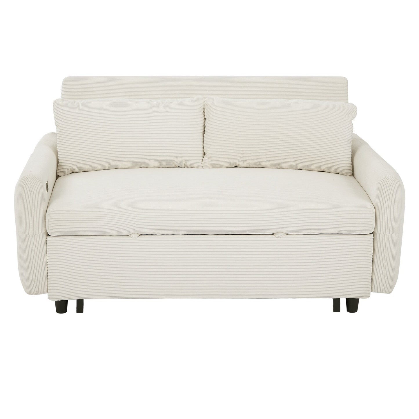 Roomfitters Pull-Out Sofa Bed Convertible 2-Seat Loveseat with Throw Pillows and USB Ports, Modern Sleeper Sofa, Beige