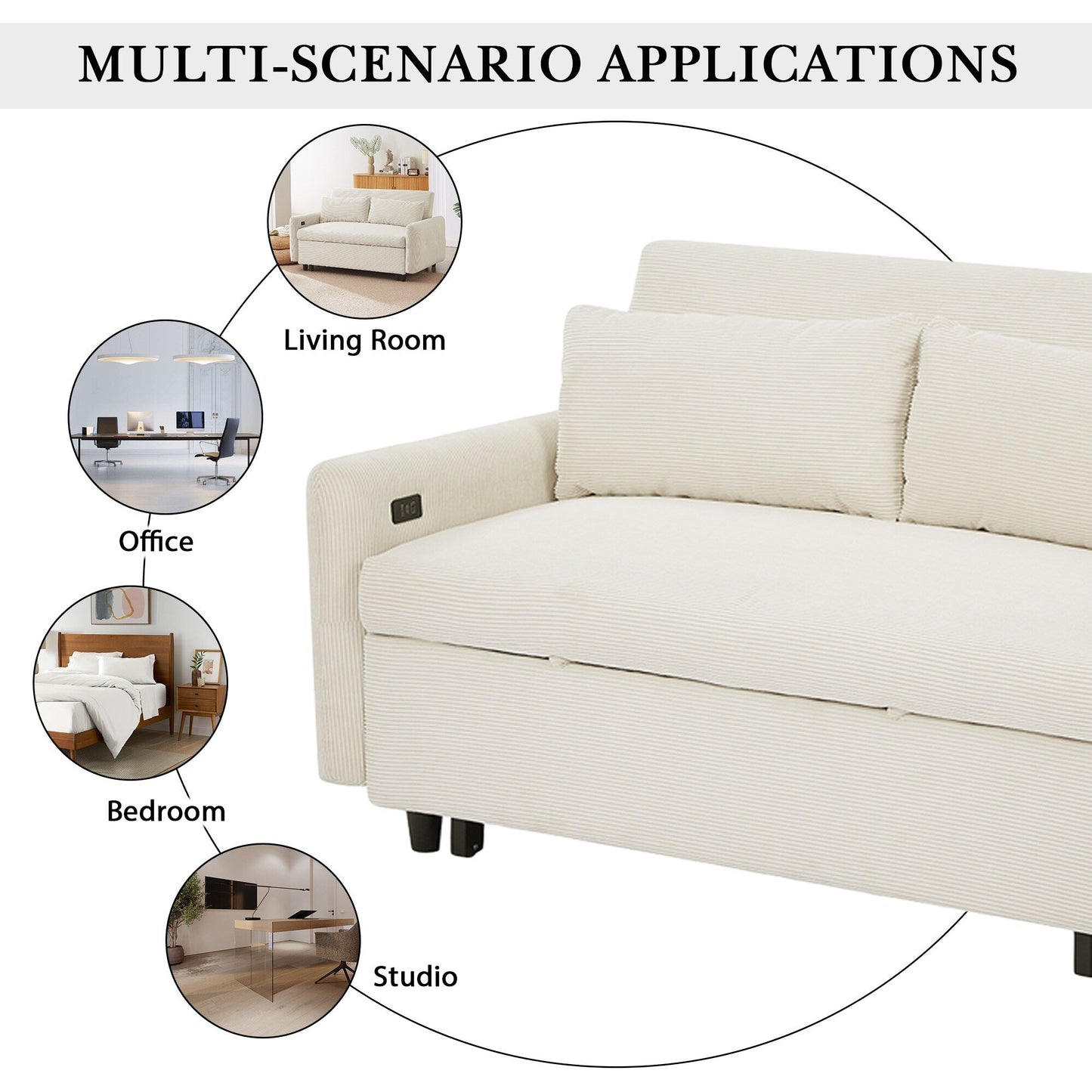 Roomfitters Pull-Out Sofa Bed Convertible 2-Seat Loveseat with Throw Pillows and USB Ports, Modern Sleeper Sofa, Beige