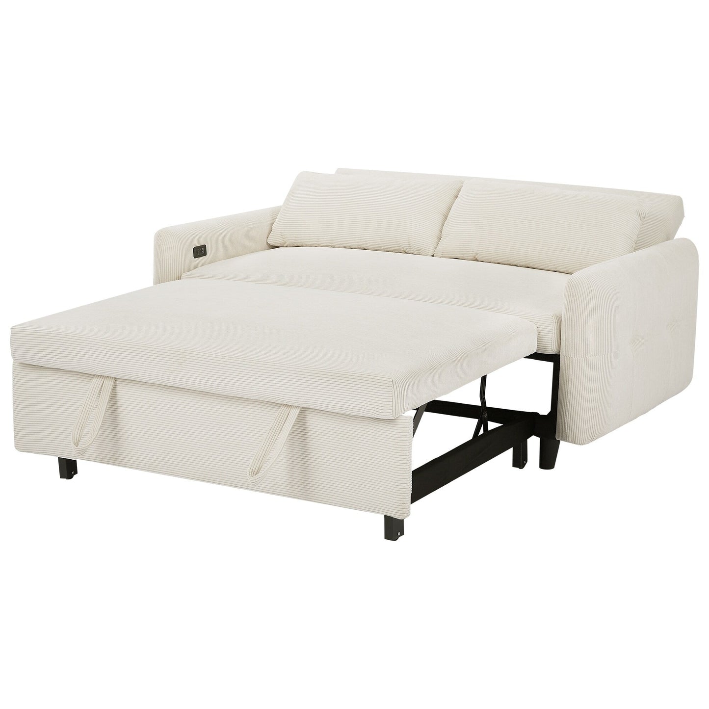 Roomfitters Pull-Out Sofa Bed Convertible 2-Seat Loveseat with Throw Pillows and USB Ports, Modern Sleeper Sofa, Beige