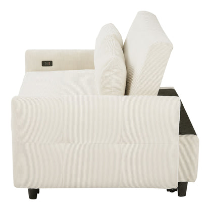Roomfitters Pull-Out Sofa Bed Convertible 2-Seat Loveseat with Throw Pillows and USB Ports, Modern Sleeper Sofa, Beige
