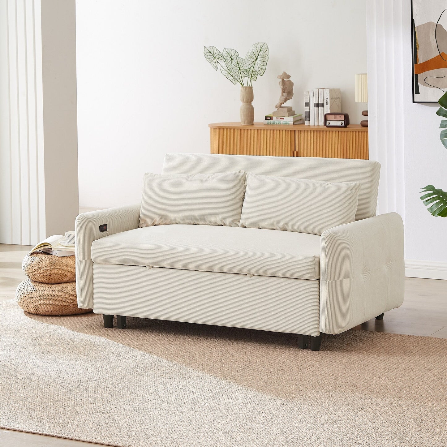 Roomfitters Pull-Out Sofa Bed Convertible 2-Seat Loveseat with Throw Pillows and USB Ports, Modern Sleeper Sofa, Beige