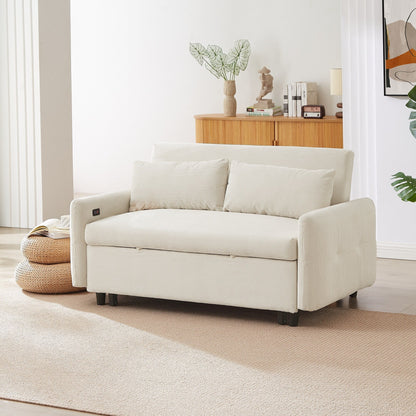 Roomfitters Pull-Out Sofa Bed Convertible 2-Seat Loveseat with Throw Pillows and USB Ports, Modern Sleeper Sofa, Beige