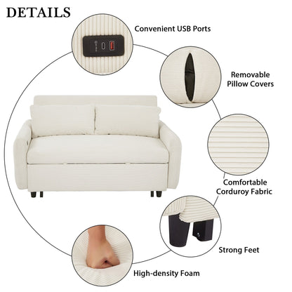 Roomfitters Pull-Out Sofa Bed Convertible 2-Seat Loveseat with Throw Pillows and USB Ports, Modern Sleeper Sofa, Beige
