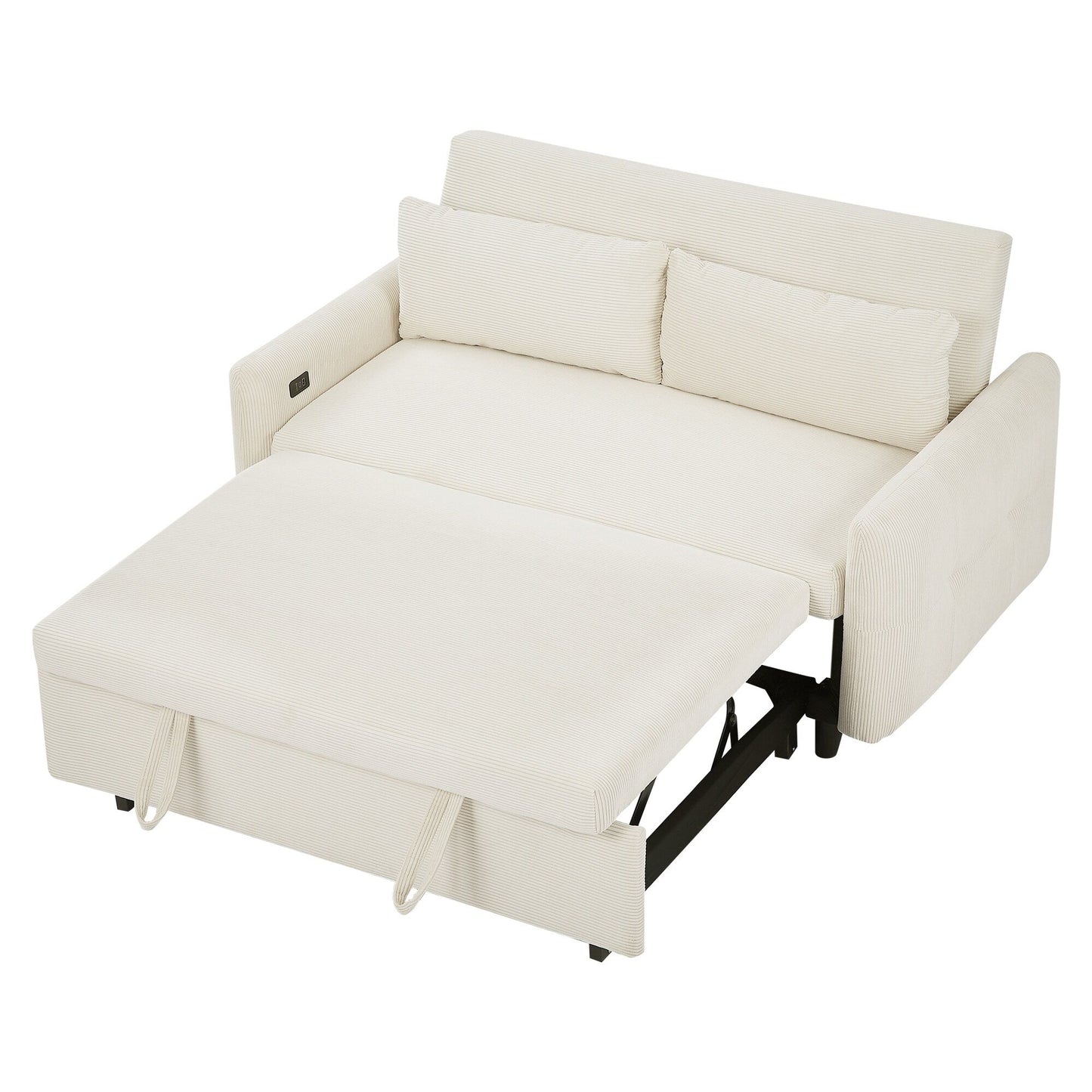 Roomfitters Pull-Out Sofa Bed Convertible 2-Seat Loveseat with Throw Pillows and USB Ports, Modern Sleeper Sofa, Beige