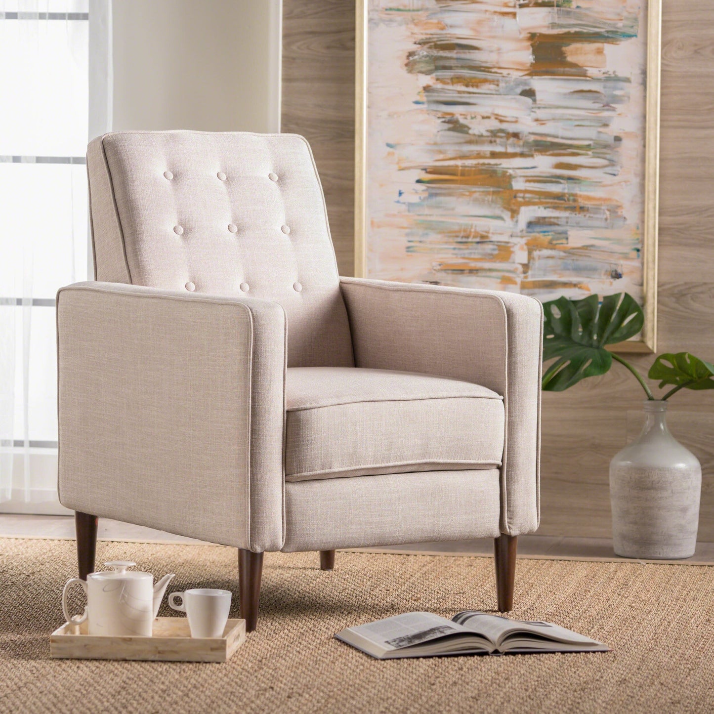 Roomfitters Push-Back Recliner Chair with Button Tufting and Tapered Wood Legs, Lounge Accent Chair for Living Room