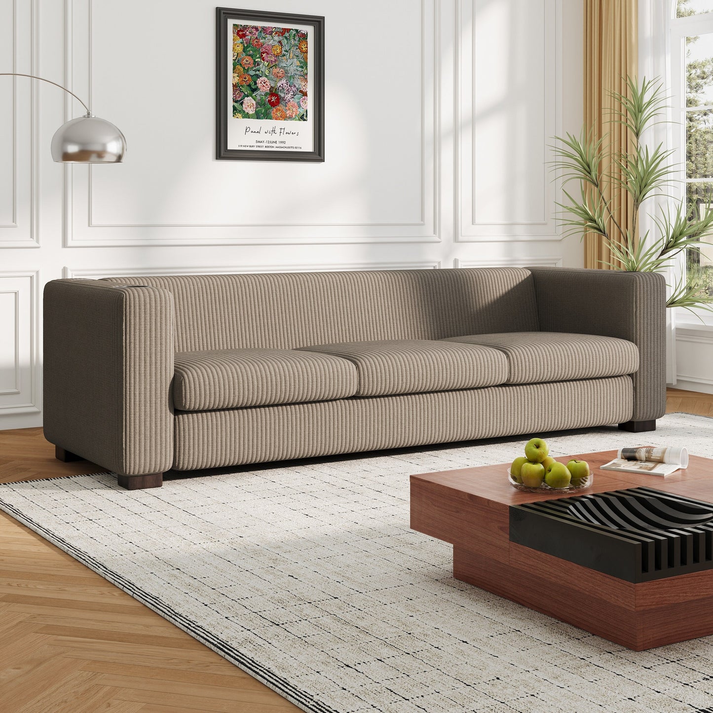 Roomfitters Ribbed Corduroy 3-Seater Track-Arm Sofa, Contemporary Living Room Couch