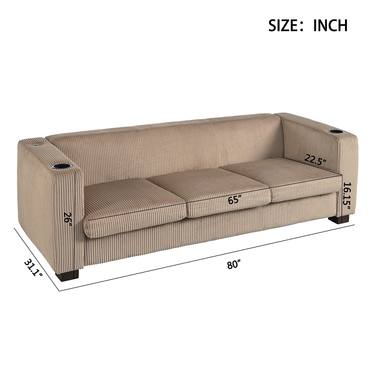 Roomfitters Ribbed Corduroy 3-Seater Track-Arm Sofa, Contemporary Living Room Couch