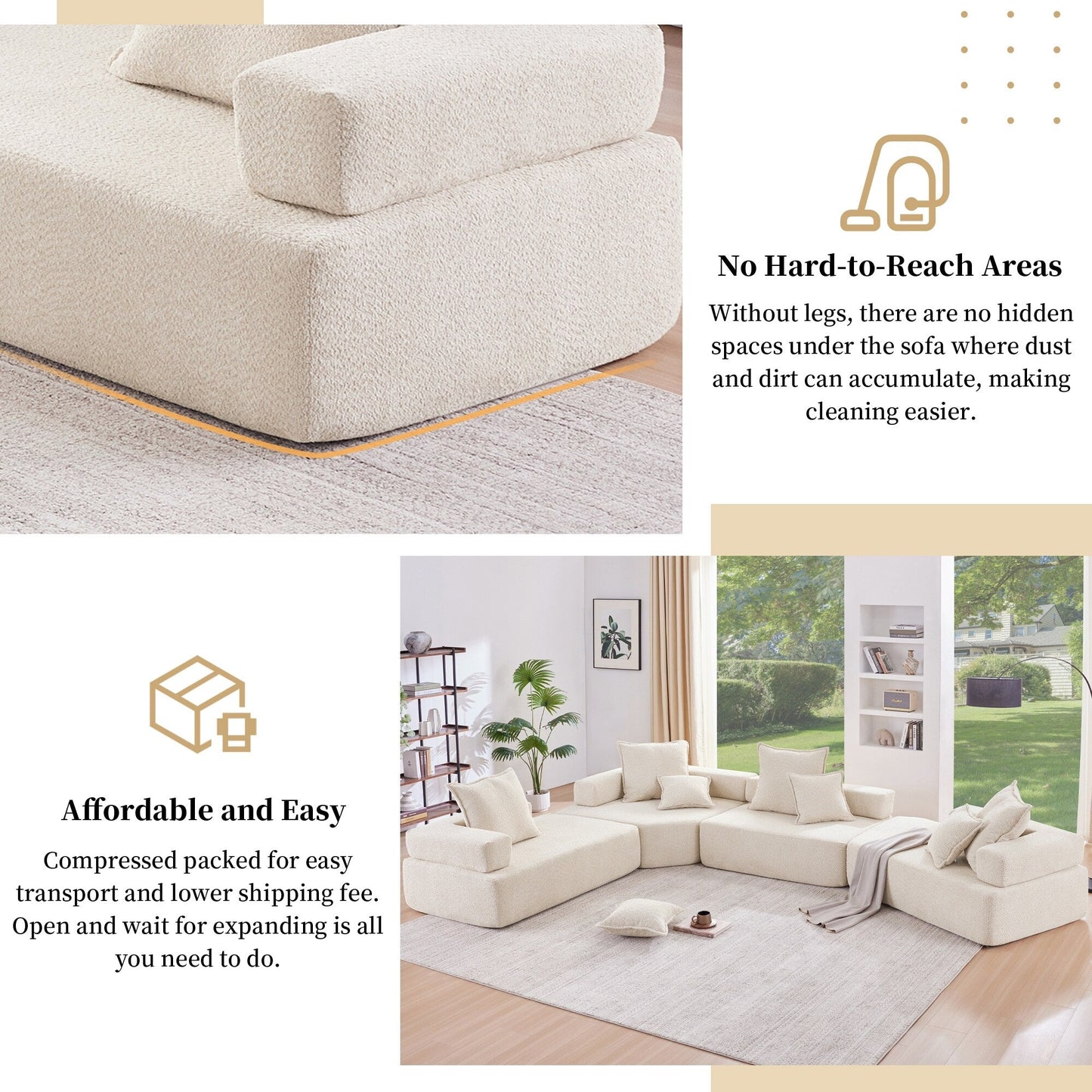 Roomfitters Special Frame for Modular U Shaped Sectional Sofa, Boucle Upholstered Floor Couch with Foam Seat, Beige