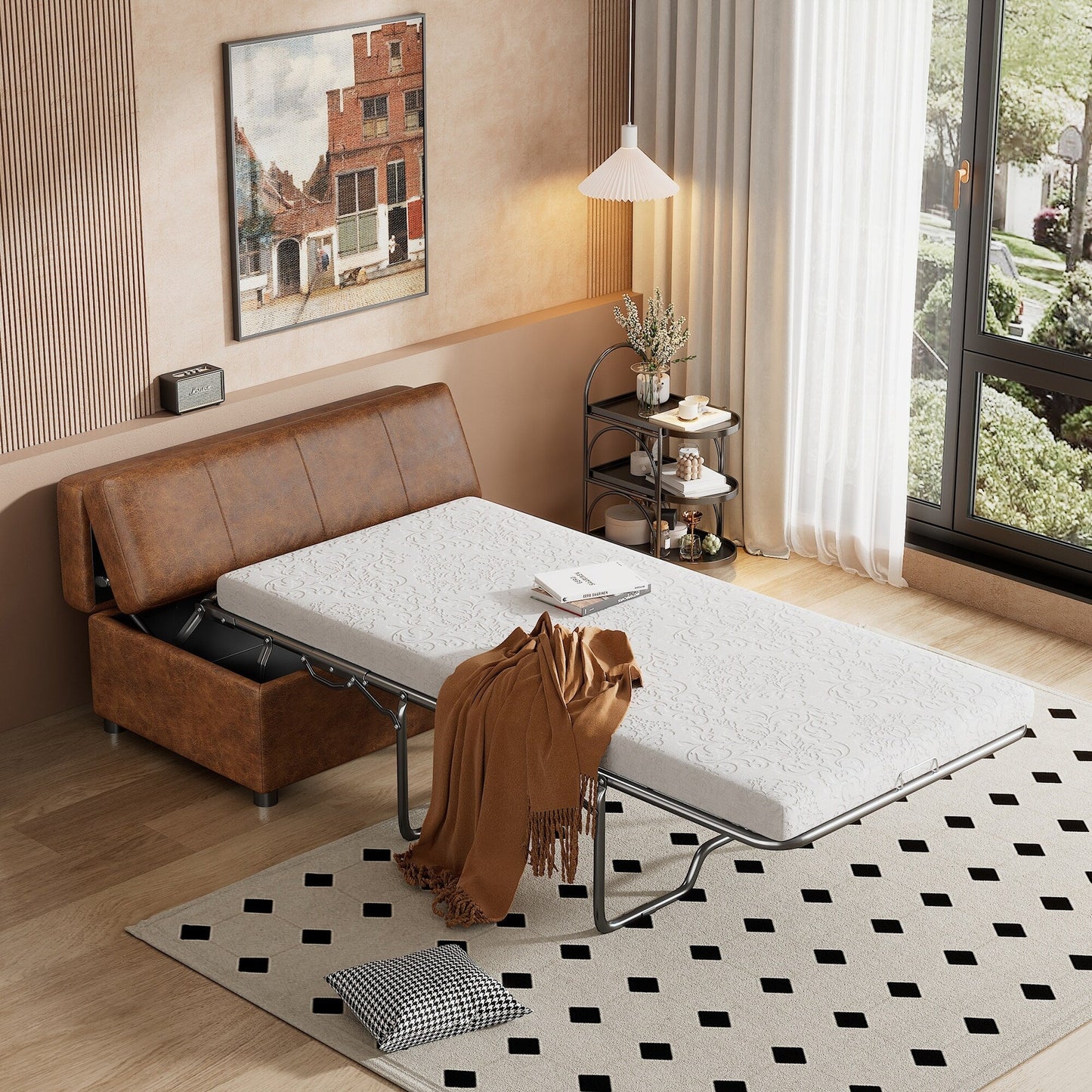 Roomfitters Twin Size Folding Ottoman Sleeper Bed with Mattress, Compact Convertible Guest Bed for Living Room