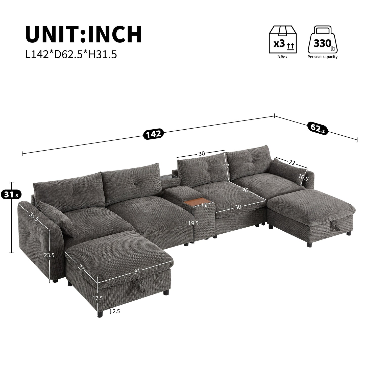 Roomfitters U-Shaped Chenille Sectional Sofa with Storage Ottoman, USB Console and Cup Holder, 6-Seat Modular Couch