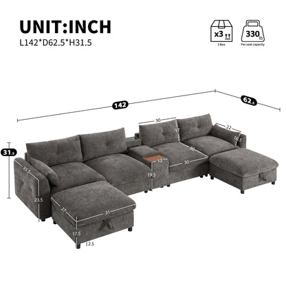 Roomfitters U-Shaped Chenille Sectional Sofa with Storage Ottoman, USB Console and Cup Holder, 6-Seat Modular Couch
