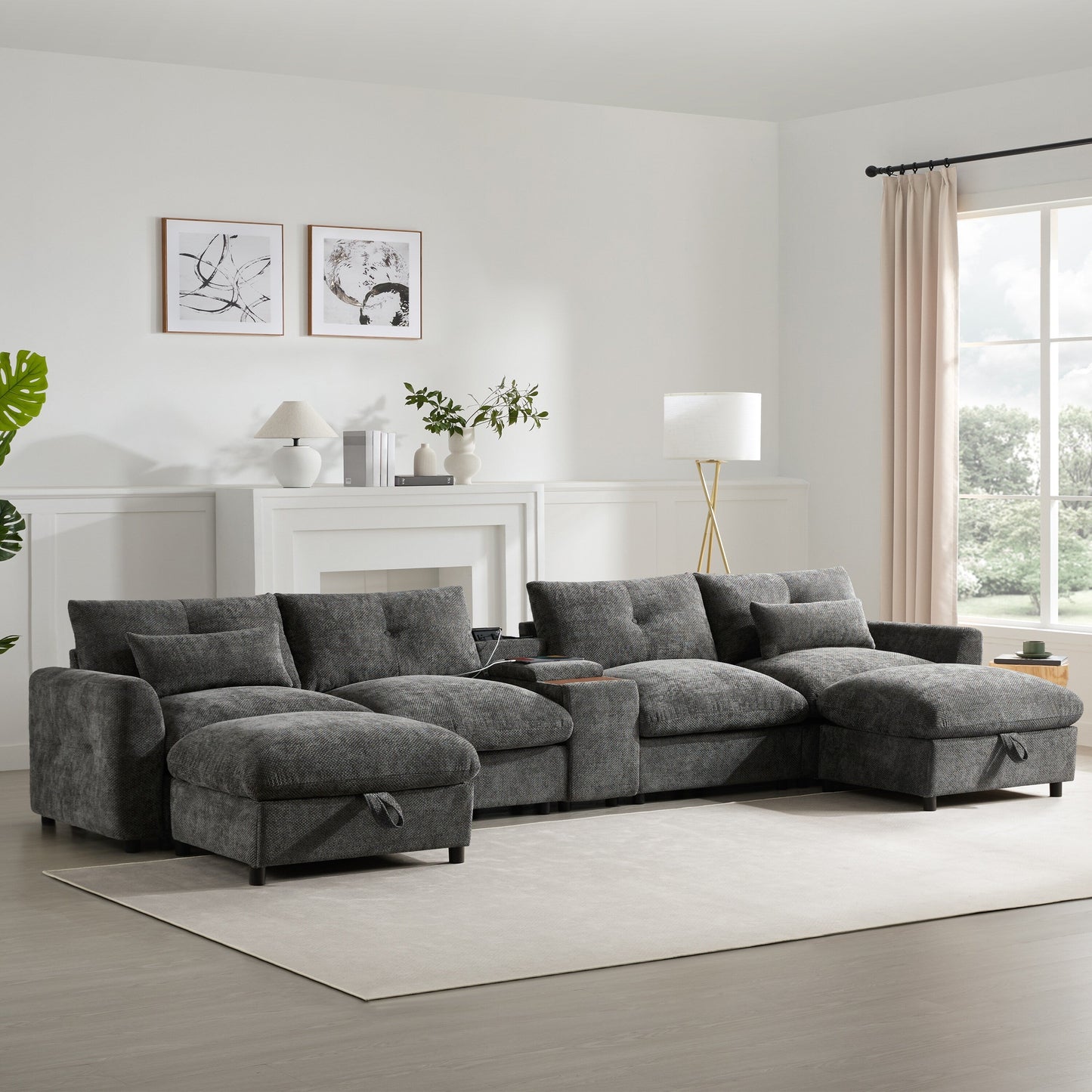 Roomfitters U-Shaped Chenille Sectional Sofa with Storage Ottoman, USB Console and Cup Holder, 6-Seat Modular Couch