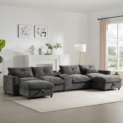Roomfitters U-Shaped Chenille Sectional Sofa with Storage Ottoman, USB Console and Cup Holder, 6-Seat Modular Couch