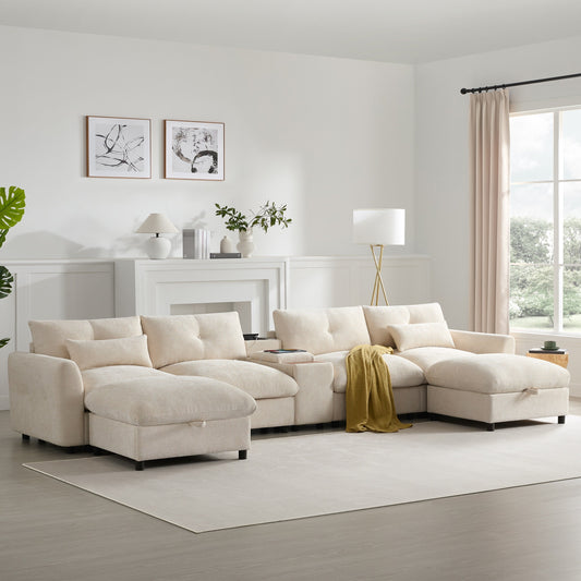 Roomfitters U-Shaped Chenille Sectional Sofa with Storage Ottoman, USB Console and Cup Holder, 6-Seat Modular Couch