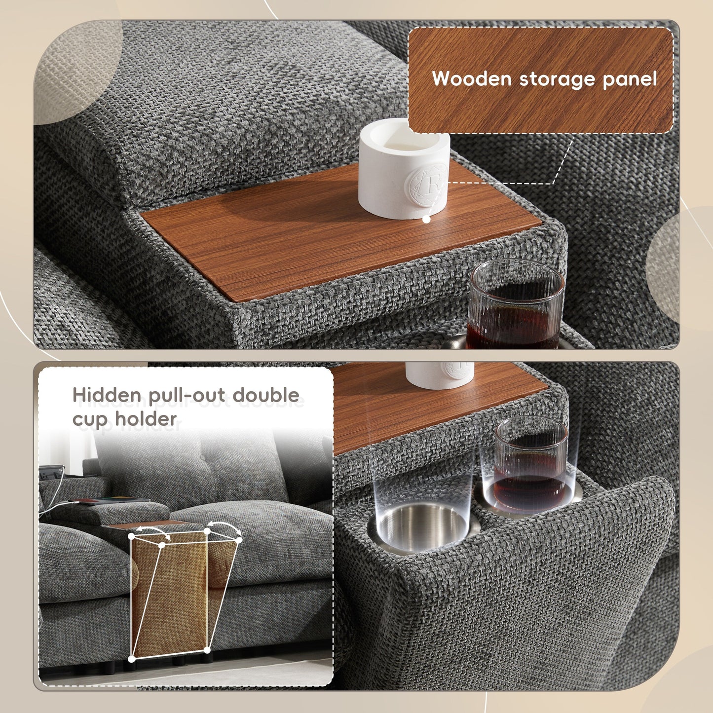 Roomfitters U-Shaped Chenille Sectional Sofa with Storage Ottoman, USB Console and Cup Holder, 6-Seat Modular Couch