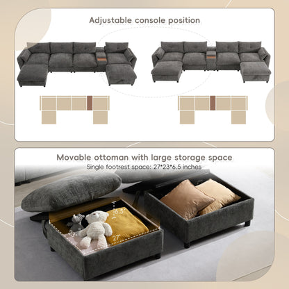 Roomfitters U-Shaped Chenille Sectional Sofa with Storage Ottoman, USB Console and Cup Holder, 6-Seat Modular Couch