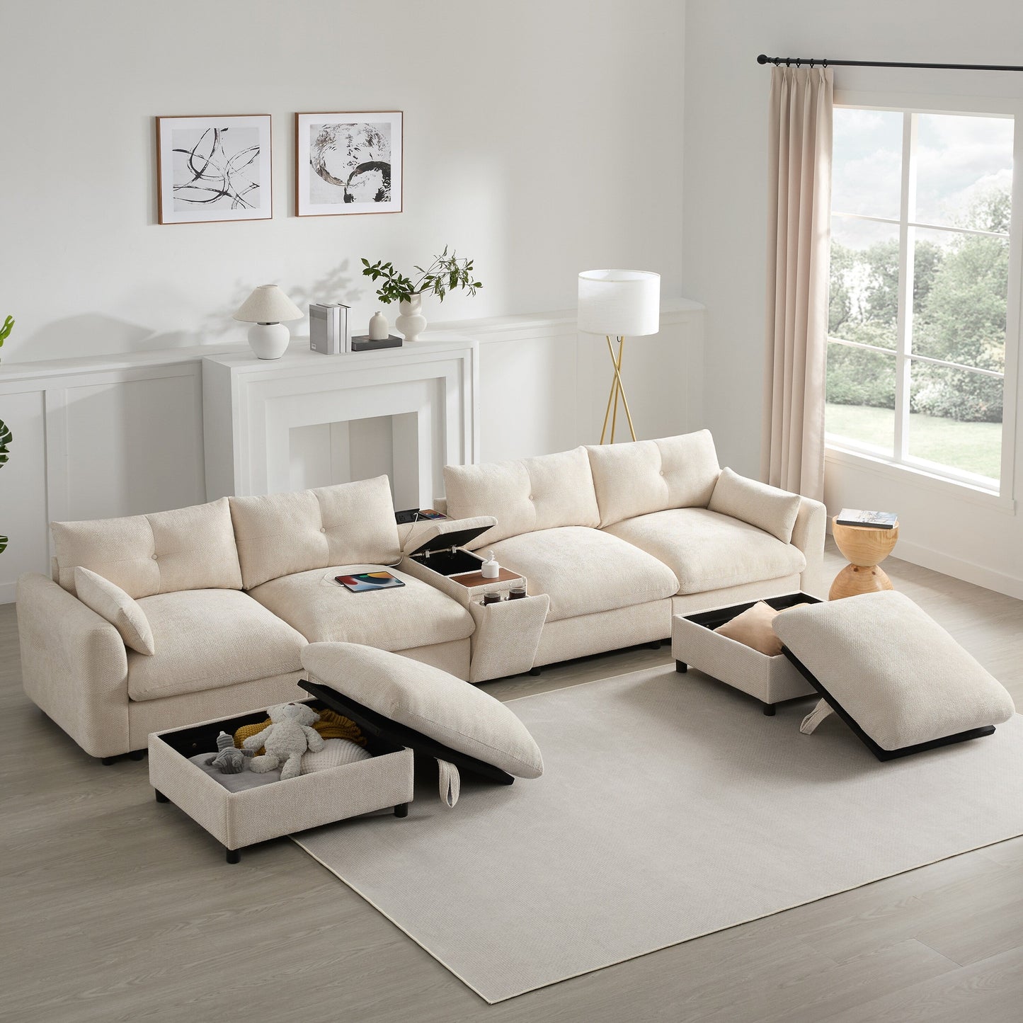 Roomfitters U-Shaped Chenille Sectional Sofa with Storage Ottoman, USB Console and Cup Holder, 6-Seat Modular Couch