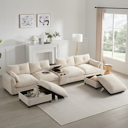 Roomfitters U-Shaped Chenille Sectional Sofa with Storage Ottoman, USB Console and Cup Holder, 6-Seat Modular Couch