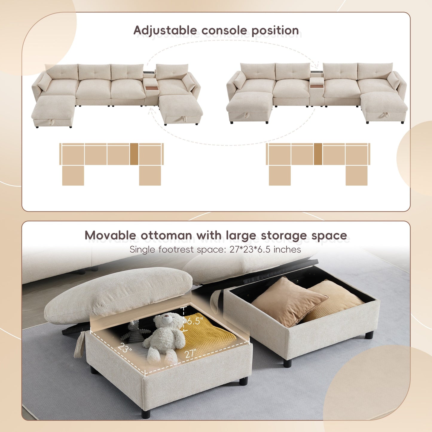 Roomfitters U-Shaped Chenille Sectional Sofa with Storage Ottoman, USB Console and Cup Holder, 6-Seat Modular Couch