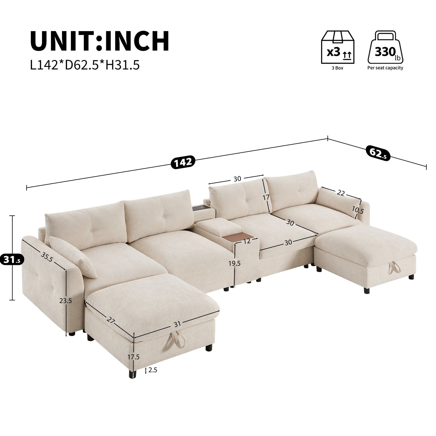 Roomfitters U-Shaped Chenille Sectional Sofa with Storage Ottoman, USB Console and Cup Holder, 6-Seat Modular Couch