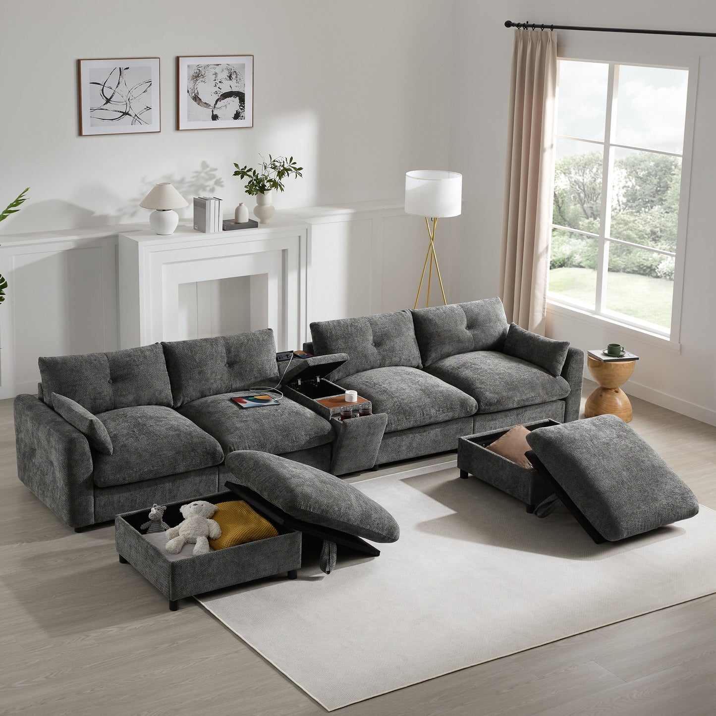 Roomfitters U-Shaped Chenille Sectional Sofa with Storage Ottoman, USB Console and Cup Holder, 6-Seat Modular Couch