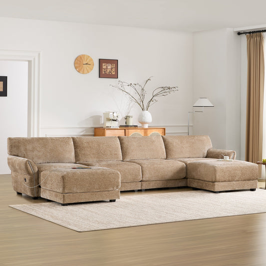 Roomfitters U-Shaped Modular Chenille Sofa with Wide Seat, USB Type-C Charger and Ottoman, Petal Armrest