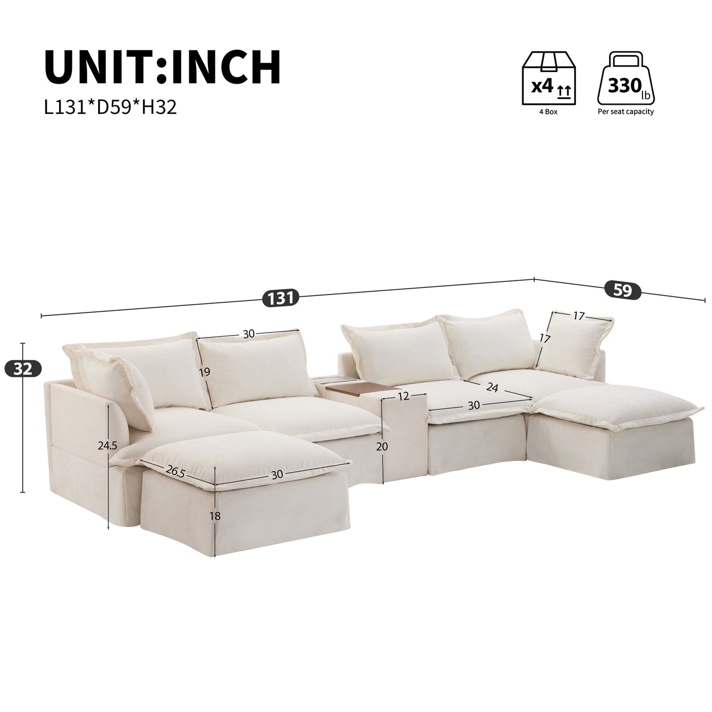 Roomfitters U-Shaped Sectional Sofa with Ottoman, Console and Cup Holder, Chenille 6-Seat Couch with USB Charger