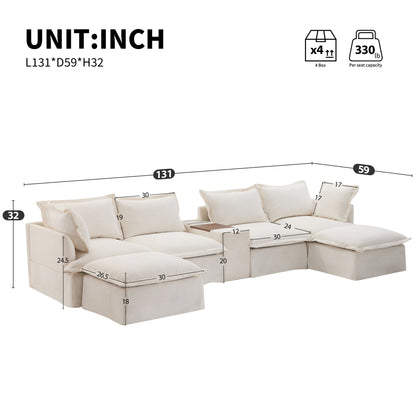 Roomfitters U-Shaped Sectional Sofa with Ottoman, Console and Cup Holder, Chenille 6-Seat Couch with USB Charger