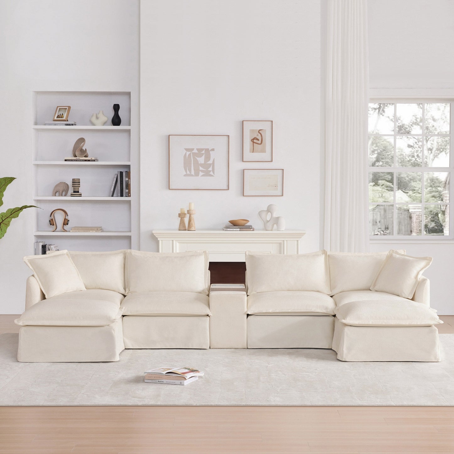 Roomfitters U-Shaped Sectional Sofa with Ottoman, Console and Cup Holder, Chenille 6-Seat Couch with USB Charger