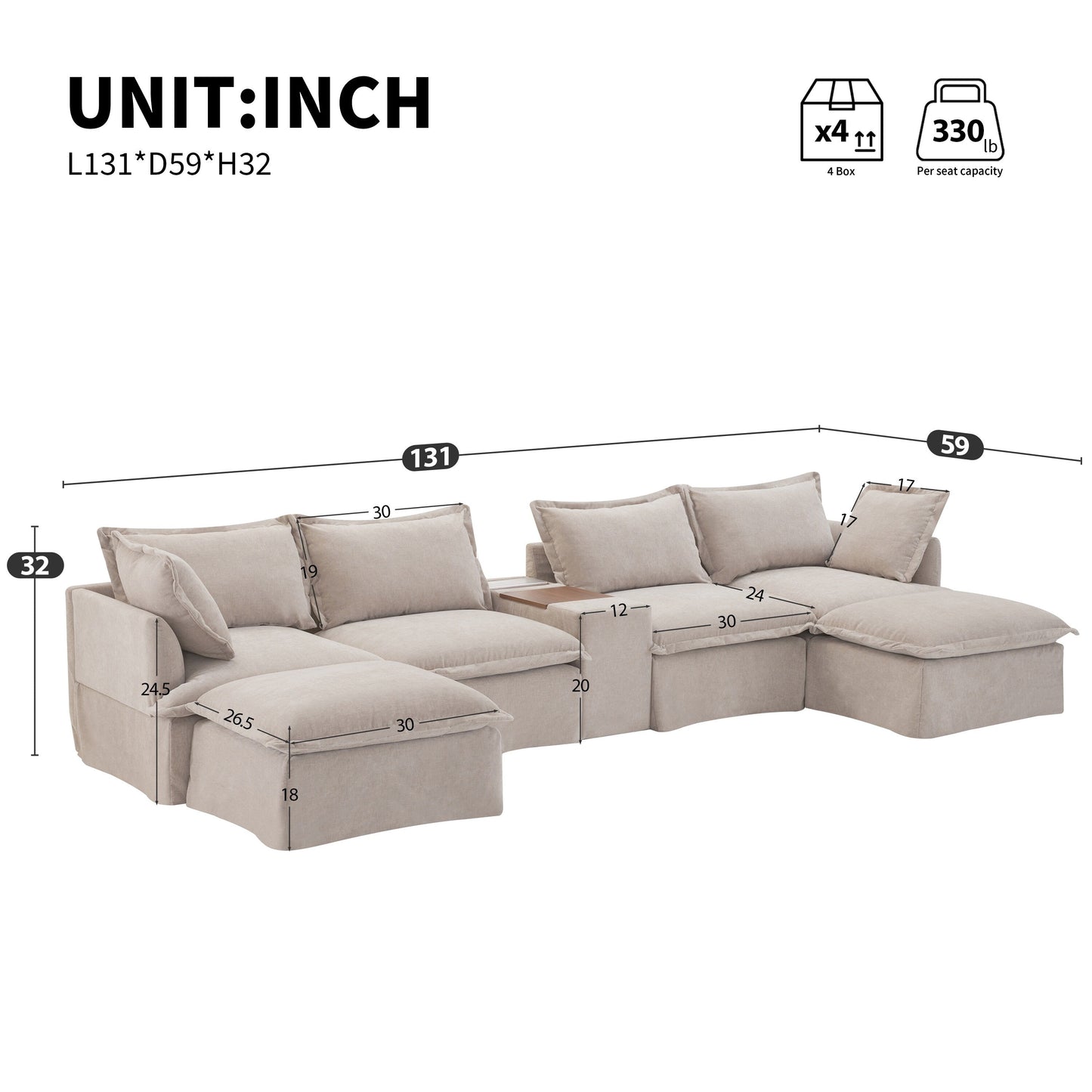 Roomfitters U-Shaped Sectional Sofa with Ottoman, Console and Cup Holder, Chenille 6-Seat Couch with USB Charger