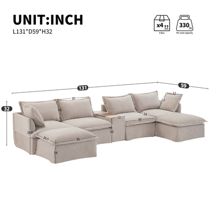 Roomfitters U-Shaped Sectional Sofa with Ottoman, Console and Cup Holder, Chenille 6-Seat Couch with USB Charger
